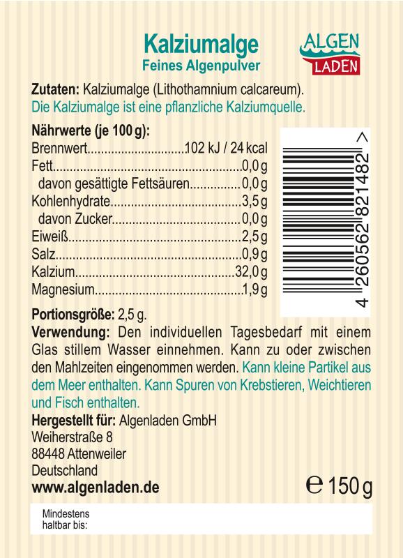 ALGENLADEN Kalziumalge Pulver 150g Etikett